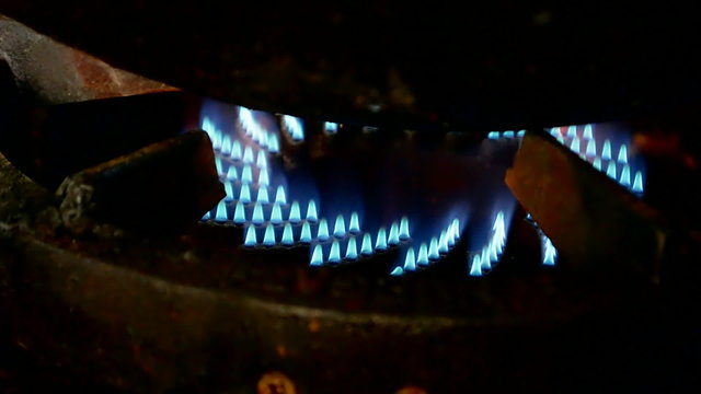 gas propane flame on the kitchen gas-stove closeup, blue butane fire power diversity