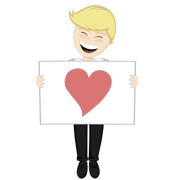 A blonde boy with a white board and a heart shape