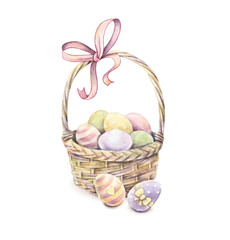 Fototapeta na wymiar Easter basket isolated on a white background. Color Easter eggs