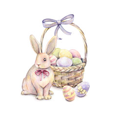 Rabbit with Easter basket isolated on a white background