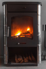 Iron wood stove burning