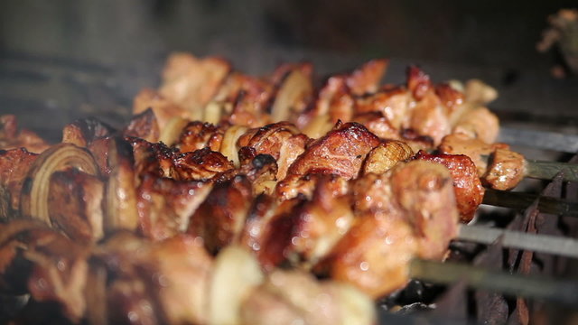 Meat grilled on the fire. Pork shompure.