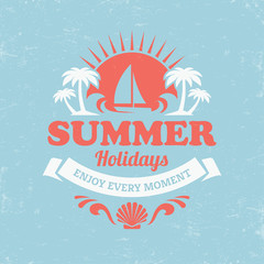 Retro summer holidays poster  in blue, red and white colors