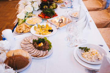 Table with food and drink. traditional wedding banquet.