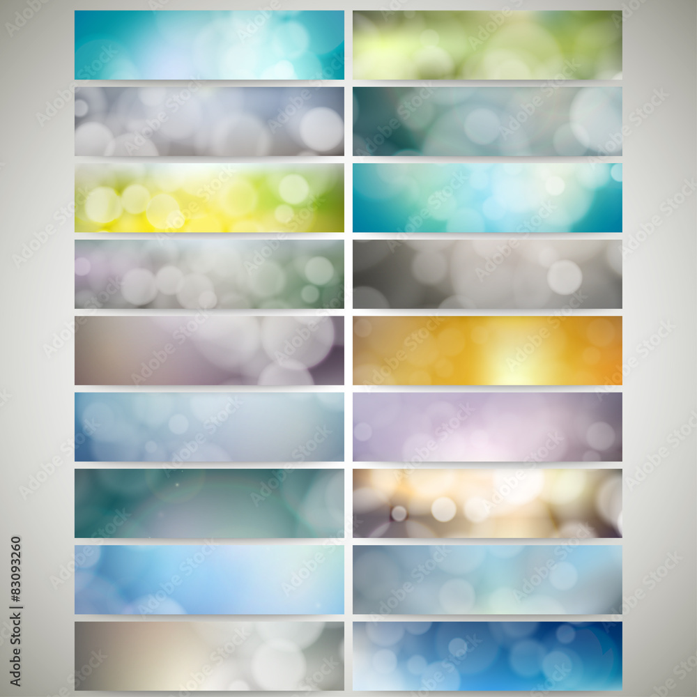 Poster blurry backgrounds set with bokeh effect. web banners collection