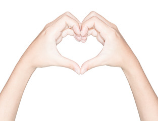 closeup hand heart love symbol isolated white clipping path insi