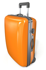 Modern hard case suitcase. Orange with zipper and lock.