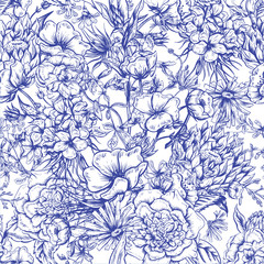 Retro Summer Seamless Monochrome Floral Pattern, Vintage