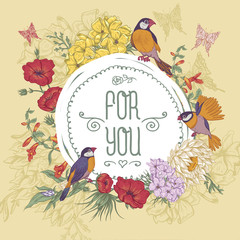 Vintage Floral Greeting Card with Birds and Butterflies