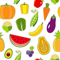 Seamless pattern with outlined fruits and vegetables