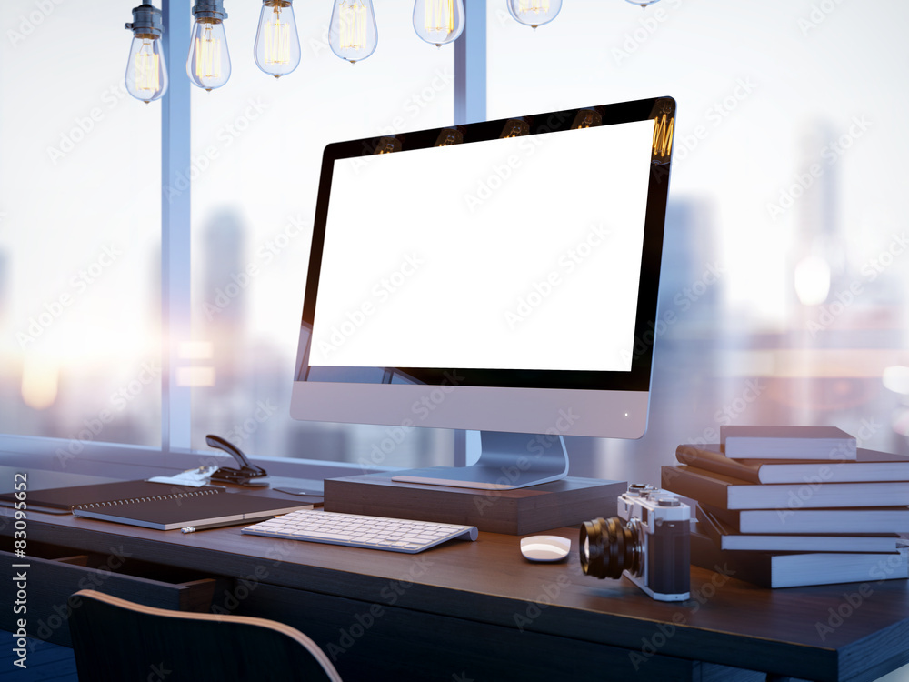 Aufkleber mock up of generic design computer screen and blured city. 3d