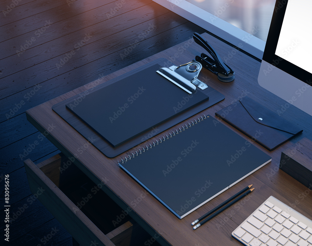 Aufkleber mock up of workspace in the modern office. 3d rendering