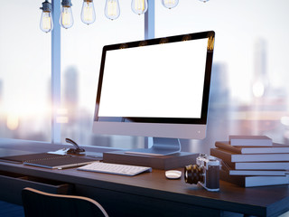 Mock up of generic design computer screen and blured city. 3D