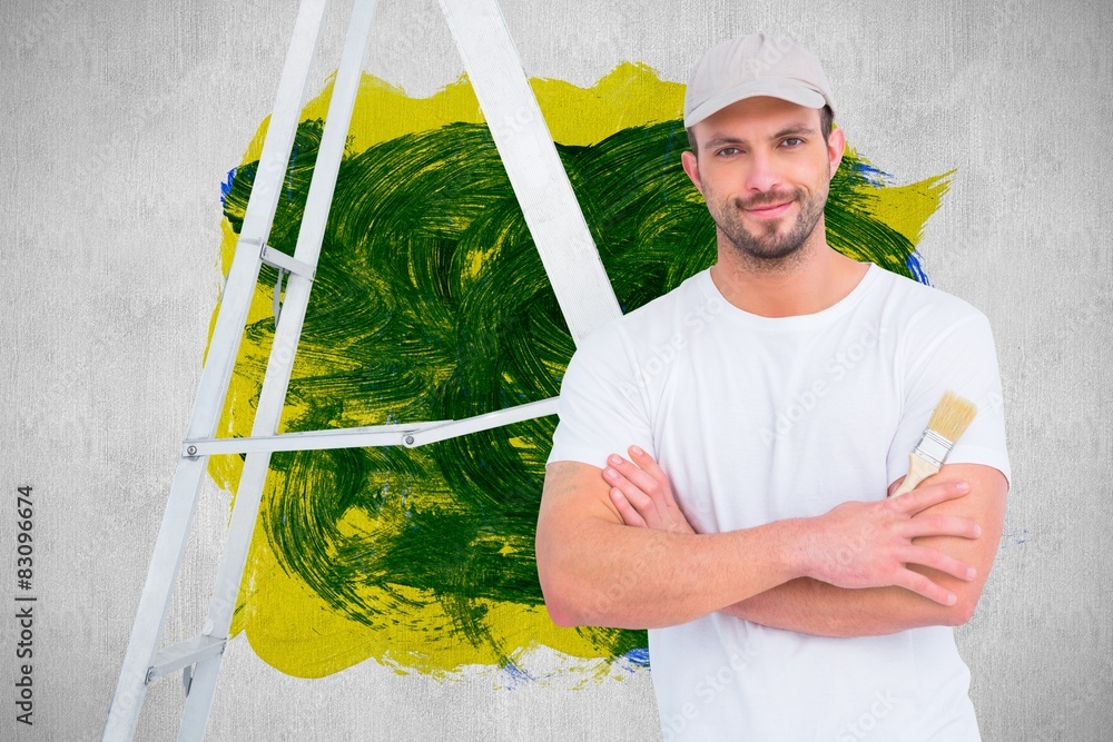 Poster composite image of handyman with paintbrush and ladder