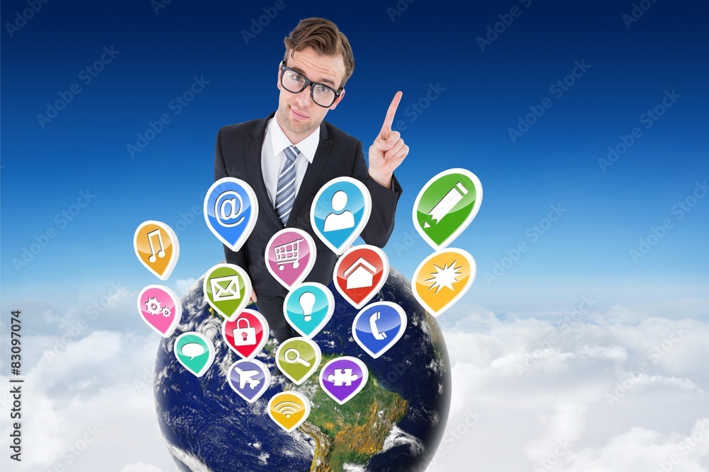 Poster Composite image of geeky hipster businessman with finger up 