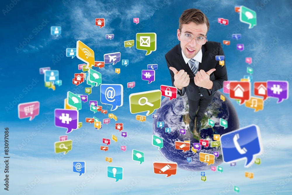Poster Composite image of geeky businessman with thumbs up 