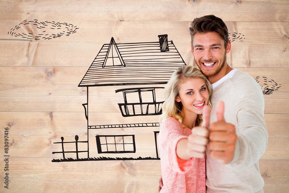 Poster Composite image of attractive couple showing thumbs up to camera