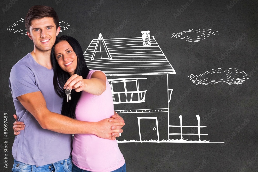 Poster composite image of young couple showing keys to house