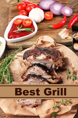 Delicious grilled meat on table and space for text