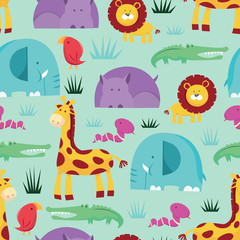 Cartoon Safari Animals Seamless Pattern Background