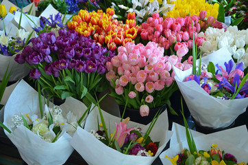 Colorful bouquets for sale at flower market