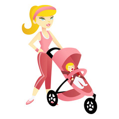 Fototapeta na wymiar Cartoon Sporty Mom with Baby In A Pram