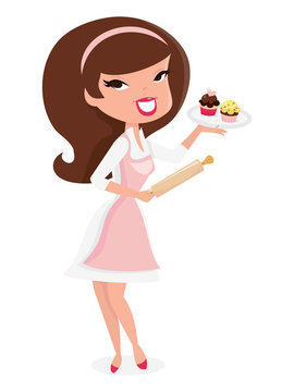 Cartoon Retro Pin Up Girl Baking Cupcakes
