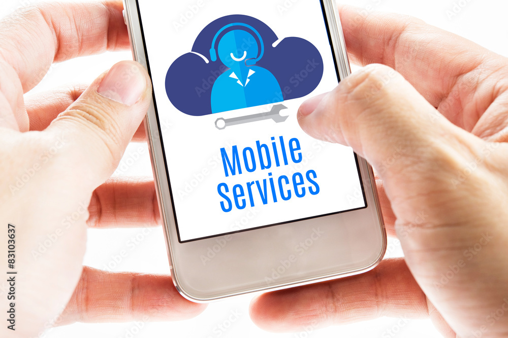 Poster close up two hand holding smart phone with mobile service word a