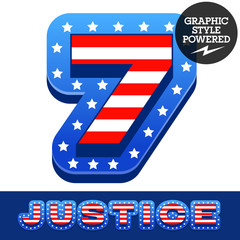 Vector set of american flag stripes and stars alphabet. Number 7