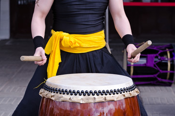 Group of musicians are playing on traditional japanese