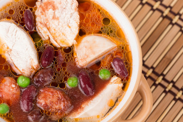 Fresh vegetable soup with chicken.