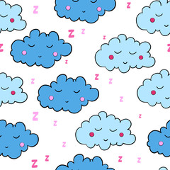 Seamless pattern with cartoon sleeping clouds