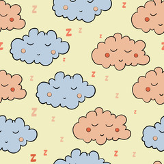 Seamless pattern with cartoon sleeping gray and orange clouds