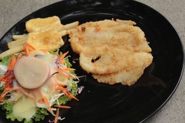 fish steaks and vegetable salad with french fries.
