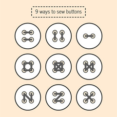 Ways for to sew buttons, tutorial, scheme for training sewing