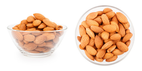 Dried almonds in a bowl on white background, side and top view