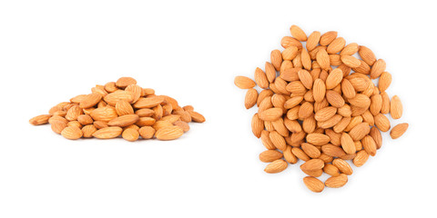 A handful of almonds on white background, side and top view