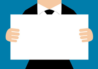 Businessman, in suit man, holding blank banner. vector