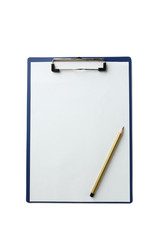 Sheet of blank paper on holder on white background
