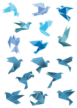 Origami paper stylized blue flying birds
