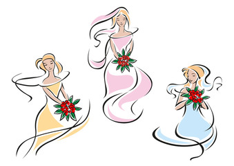 Sketch of brides with bouquet of flowers