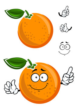 Happy juicy cartoon orange with green leaf