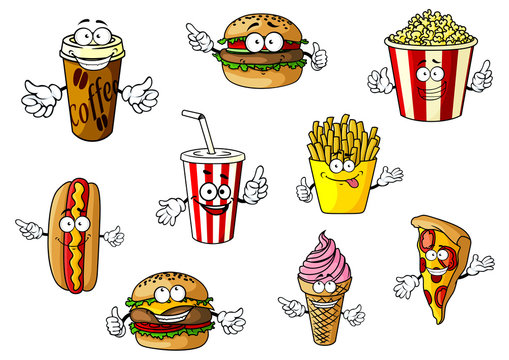 Colorful cartoon fast food and takeaways characters