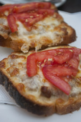 Two pieces of garlic bread topped with cheese on a white plate