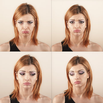 Young woman with four face expression