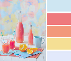 Freshly squeezed grapefruit juice still life and color palette