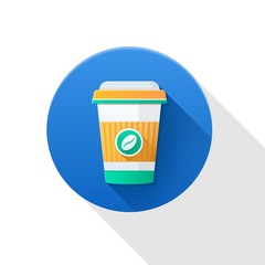 Coffee cup icon with coffee beans logo, with long shadow.