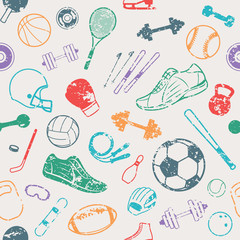 Sport Equipment Grunge Background, Seamles Pattern, Icons