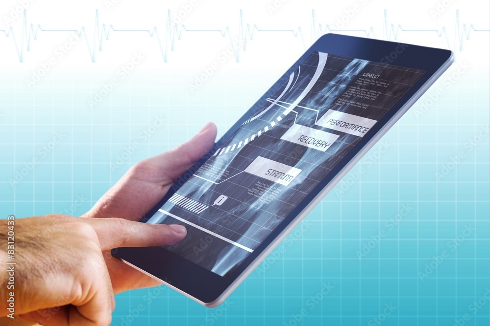 Poster Composite image of man using tablet pc