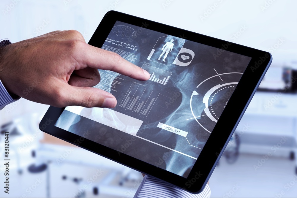 Poster Composite image of man using tablet pc 